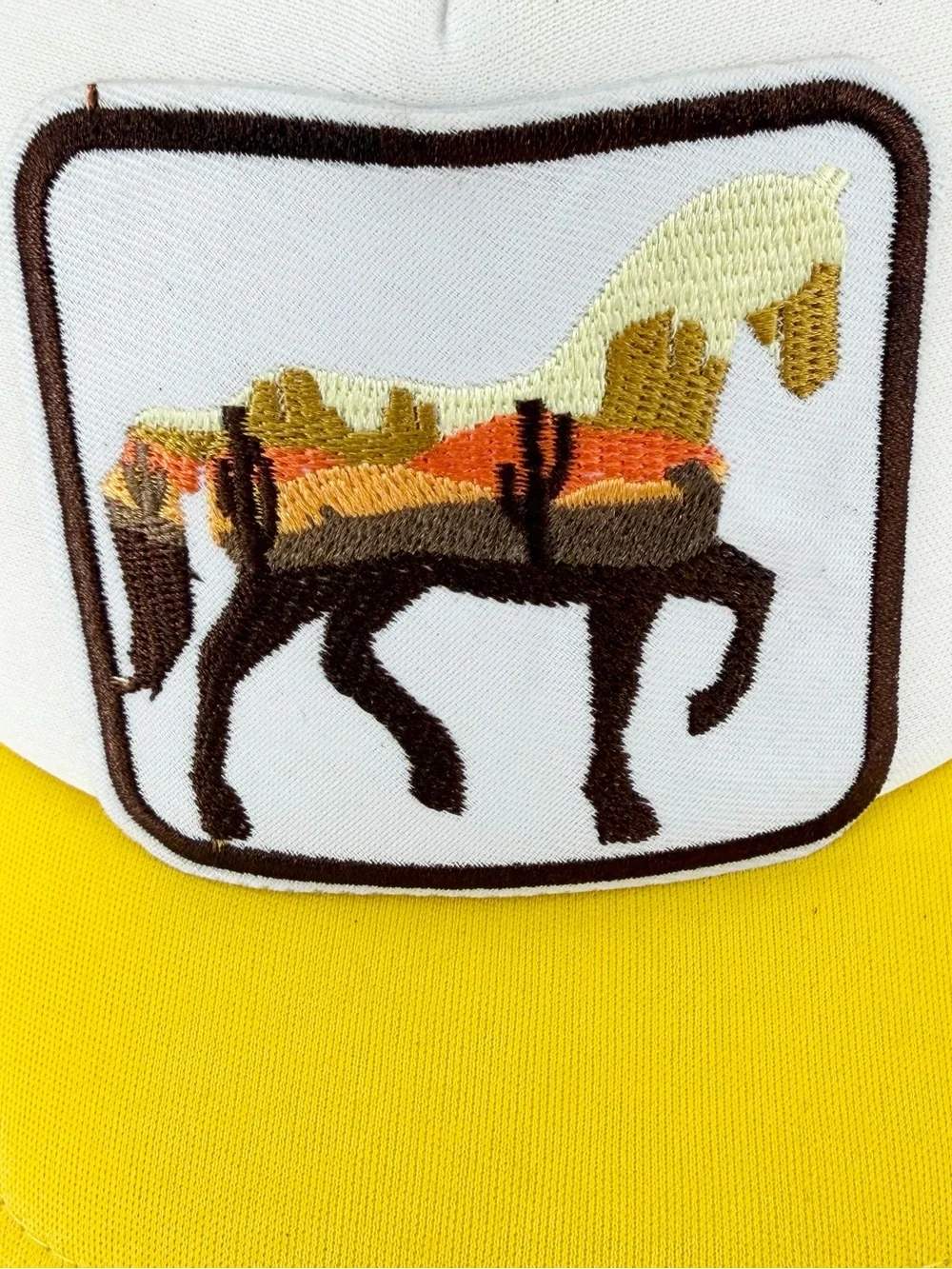 Western Desert Sunset Horse Patch Trucker Hat Yellow Snapback